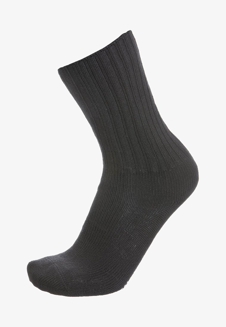 Black ribbed sock made of knitted material, featuring a reinforced toe and heel, with a mid-calf length and smooth texture.