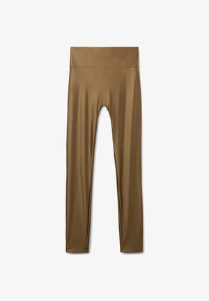 Braune nahtlose Leggings mit hoher Taille aus glattem, dehnbarem Stoff, flach liegend auf weißem Hintergrund dargestellt.