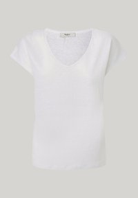Camiseta blanca de manga corta con escote en V, hecha de material ligero. Presenta un ajuste relajado y una textura suave, adecuada para el uso casual.