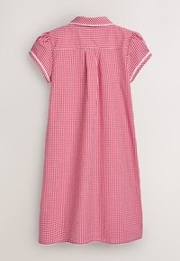 Vestito a quadretti rossi e bianchi, maniche corte, colletto, schiena plissettata, lunghezza fino al ginocchio, tessuto liscio e rifiniture bianche lungo le maniche e il colletto.