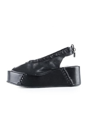 Sandalo con zeppa in pelle nera, punta aperta, cinturino dietro al tallone, dettagli cuciti e cerniera sulla suola spessa.