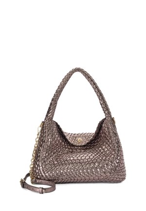 Woven metallic handbag in bronze with a slouchy silhouette, dual handles, and a detachable strap. Features a button closure and gold accents.
