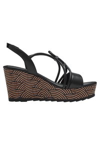 Black wedge sandals with a curved heel and open toe, featuring a textured patterned platform in brown and black. Straps are made of smooth leather.