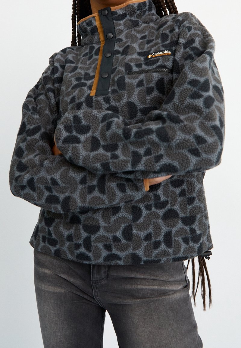 Gray fleece pullover with a leopard print, zippered chest pocket, and snap button placket. Features black accents and a high collar.