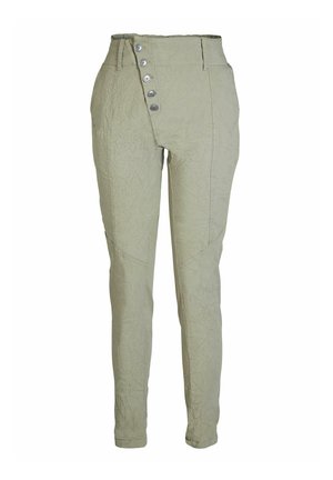 Light green, high-waisted pants with a textured fabric. Features a side button closure with five buttons and angled front pockets.