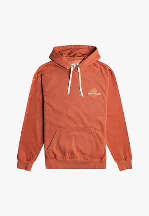 Felpa con cappuccio arancione realizzata in materiale morbido, con tasca a marsupio, cappuccio con coulisse e grafica di un sole giallo sul petto.