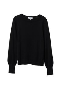 Musta pitkähihaista neuletta, joka on valmistettu pehmeästä kankaasta, jossa on pyöreä kaula-aukko ja kerättyjä hihoja. Ribbaatut hihansuunkohdat ja helman yksityiskohta.