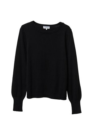 Maglione nero a maniche lunghe realizzato in tessuto morbido, con colletto rotondo e maniche arricciate. Dettagli di polsini e orlo a costine.