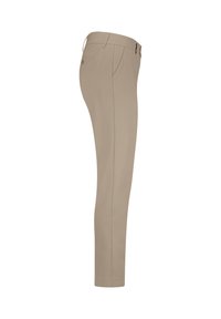 Beige, slim-fit bukser lavet af letvægtsstof. Har en flad front og en glat struktur med en standard talje og to sidelommer.