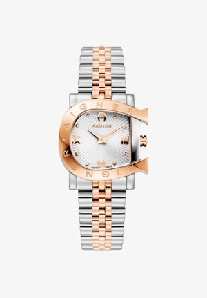 Aignera pulkstenis ar taisnstūra formālu sudraba un rožu zelta nerūsējošā tērauda korpusu, teksturētu saules staru ciparnīcu, romiešu cipariem un divtoņu saiti no rokassprādzes.