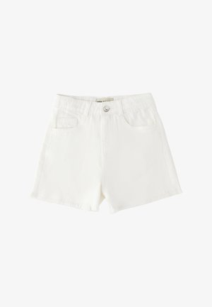 Pantaloncini di denim bianchi con tasche frontali, passanti per cintura e chiusura con bottone in metallo.