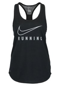 Top atletico nero realizzato in tessuto leggero con design senza maniche, caratterizzato da un logo Nike bianco ben visibile e la scritta "RUNNING".