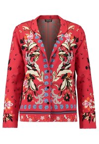 Red floral blazer with a shawl collar, featuring a variety of colorful flower patterns, buttons down the front, and long sleeves.