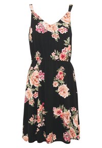 Robe fleurie avec un fond noir, ornée de roses roses et blanches. Elle a un décolleté en V et des bretelles fines, fabriquée en tissu doux.