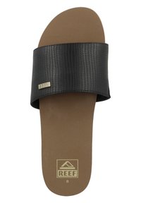 Braune Rutschsandalette mit strukturiertem schwarzen Riemen und kleinem Metall-Reef-Logo auf dem Riemen sowie aufgedrucktem Logo auf der Fußbett, Größe 8.