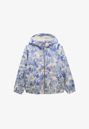 Kapuzensweatjacke mit blauem und weißem Stadtbildmuster, Frontreißverschluss, elastischen Bündchen und zwei Fronttaschen.