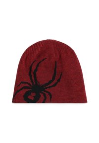 Berretto lavorato a maglia rosso e nero con un evidente grafica di ragno nera. Il materiale appare morbido e elastico con un motivo testurizzato.
