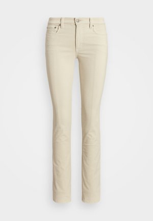 Beige straight-leg pants, made of soft cotton blend, featuring a classic five-pocket design, metal button closure, and subtle texture.