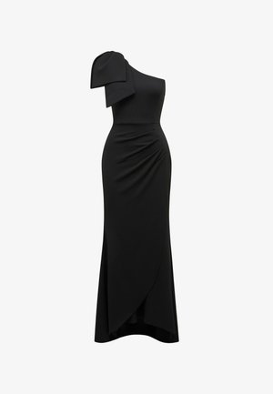 Black one-shoulder dress made of soft fabric, featuring a draped bodice and asymmetrical hem with a slight slit for ease of movement.