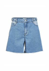 Shorts en denim bleu clair avec un ourlet effiloché. Comprend deux poches avant, une fermeture à bouton et un design taille haute.