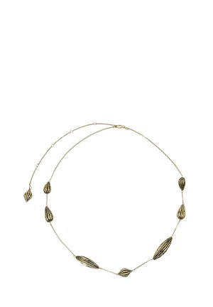Long gold necklace featuring alternating oval and teardrop shapes with black striped detailing, on a delicate chain with a clasp.