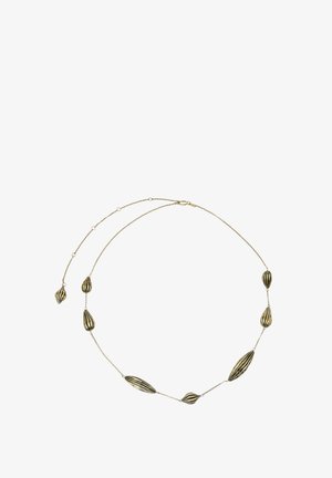 Goldfarbener Halskette mit länglichen, gestreiften Pendantelementen. Verfügt über eine zarte Kette mit einem Karabinerverschluss. Einfaches, modernes Design.