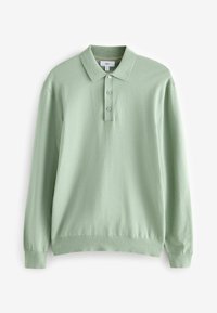 Mintgrøn polo skjorte med krave, tre knapper, lange ærmer og en blød tekstur, designet til komfort og afslappet brug.