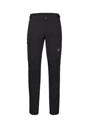 Zwarte outdoor broek met een strak ontwerp, gemaakt van duurzaam materiaal met een ritszak op de linker dij en een logo op het rechterbeen.