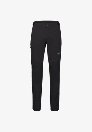 Pantaloni neri da esterno caratterizzati da un design elegante, realizzati in materiale resistente con una tasca con zip sulla coscia sinistra e un logo sulla gamba destra.