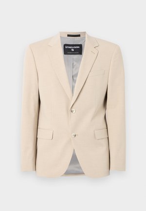 Beige blazer van zachte stof, met twee voorzakken, notched lapels, een enkele knoopsluiting en een gladde grijze voering.