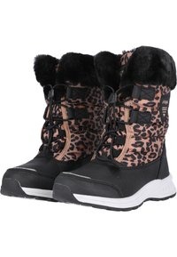 Bottes d'hiver isolées noires et imprimées léopard avec un col en fausse fourrure, un devant à lacets et une semelle en caoutchouc texturée pour une meilleure adhérence.