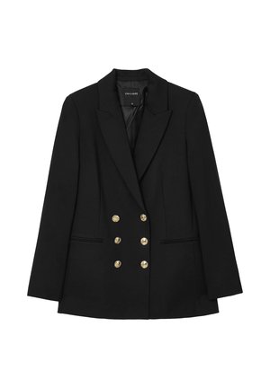 Black double-breasted blazer made of smooth fabric featuring gold buttons, notched lapels, and two front pockets. Tailored silhouette.