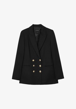 Black double-breasted blazer made of smooth fabric featuring gold buttons, notched lapels, and two front pockets. Tailored silhouette.