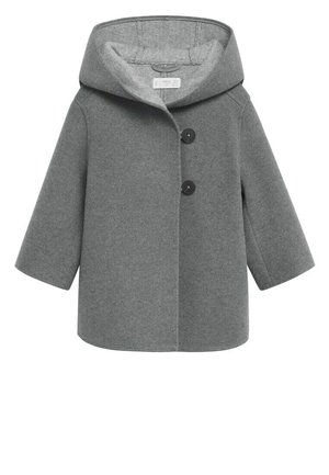 Manteau en laine gris avec une large capuche, manches trois-quarts et deux grands boutons noirs à l’avant.