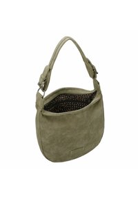 Borsa a tracolla verde oliva realizzata in tessuto testurizzato, con un'ampia apertura superiore, una spallina singola e una fodera interna a fantasia.