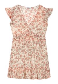 Vestido floral con cuello en V, mangas cortas con volantes y cintura elástica. Fondo color crema con un patrón floral en rosa y verde, dobladillo con volantes.