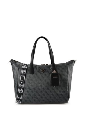 Grijze neplederen shopper met zwarte accenten, dubbele handvatten, logodetail, een patroon aan de buitenkant en een afneembare rechthoekige hanger.