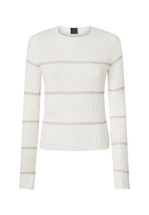 Maglione bianco a costine con maniche lunghe, decorato con strisce orizzontali in un leggero oro metallico, scollo rotondo e un motivo a maglia testurizzata.