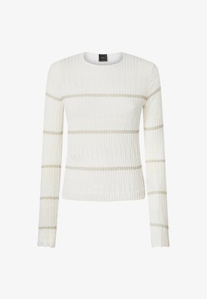 Maglione bianco a costine con maniche lunghe, decorato con strisce orizzontali in un leggero oro metallico, scollo rotondo e un motivo a maglia testurizzata.