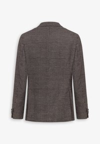Ternet brun blazer med en skræddersyet pasform, klapkrave og to knapdetaljer på ærmerne. Rygdesignet har et gittermønster.
