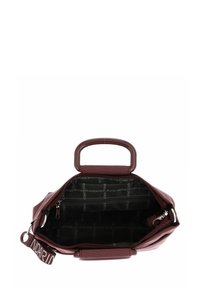 Offene bordeauxfarbene Handtasche mit strukturierten Griffen, Innenreißverschlussfach und schwarzem Innenfutter, das mit dem "Mandarina Duck" Logo-Muster bedruckt ist.