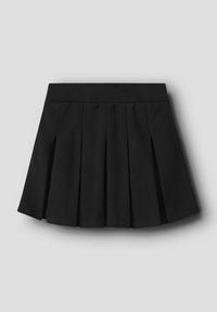 Zwarte geplooide rok met een gladde tailleband en meerdere messenplooien, gemaakt van een lichtgewicht stof. Geschikt voor verschillende casual stijlen.