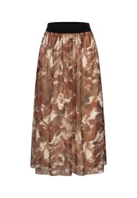 Pleated skirt with a wide black elastic waistband, featuring a fluid, translucent fabric in a brown and cream abstract tie-dye pattern.