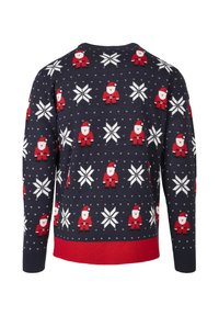 Pull bleu marine avec un motif festif de figures de Père Noël rouges et flocons de neige blancs. Ourlet et poignets côtelés rouges. Texture tricotée.