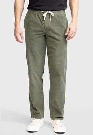 Olive green corduroy pants with an elastic waistband and white drawstring, featuring a relaxed fit and straight leg design.