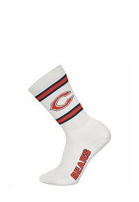 Hvid crew strømpe med ribbet tekstur, blå og røde striber øverst, med et teamlogo på den ydre side og "BEARS" nederst.