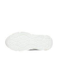 Suela de zapatilla de goma blanca con un patrón texturizado y surcos curvados para tracción, punta redondeada y bordes elevados.