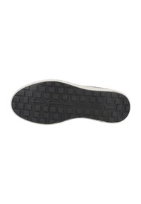 Suela de zapato de goma negra con un patrón de agarre texturizado, que presenta indentaciones en forma de cuadrados y rectángulos, bordeada por un borde blanco.