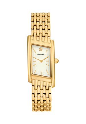 Montre-bracelet rectangulaire dorée avec bracelet à maillons, cadran blanc, index et aiguilles dorés, et logo Tory Burch à la position 12 heures.