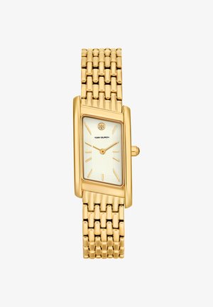 Reloj de pulsera rectangular en tono dorado con pulsera enlazada, esfera blanca, marcadores y agujas doradas, y logo de Tory Burch en la posición de las 12.